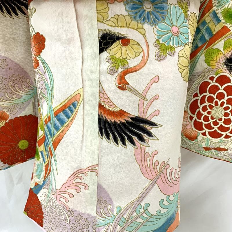 601ag7□七五三 三歳 セミアンティーク女児 着物&帯 鶴 菊 白淡紫□美品