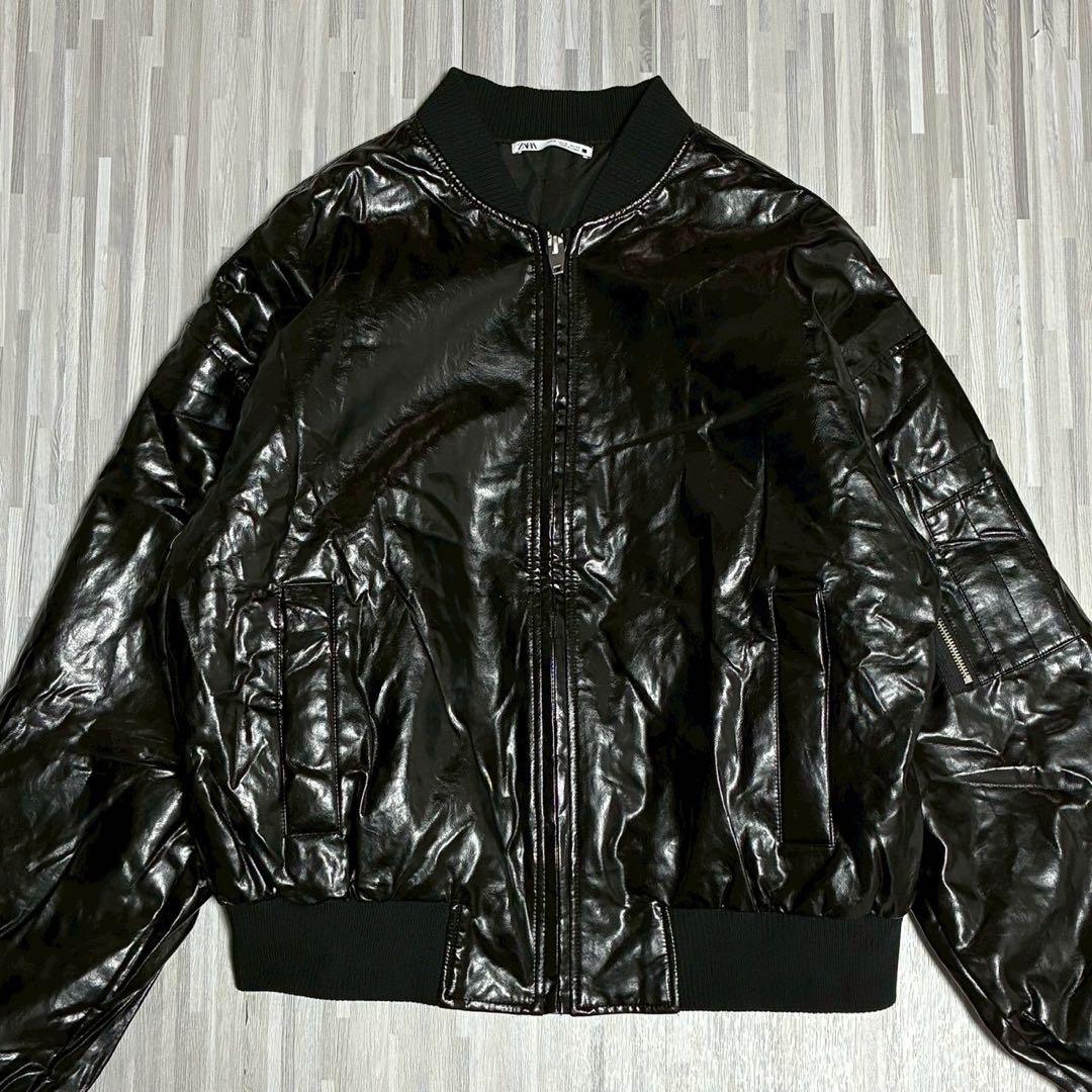 ZARA ザラ MA-1 ビニールエフェクトボンバージャケット ブラック XL