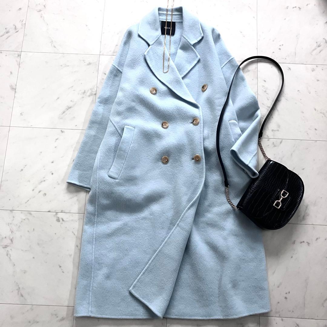 い*ぬ様 美品 ノーク ウールリバーコート ロング ダブル 水色 サイズ1
