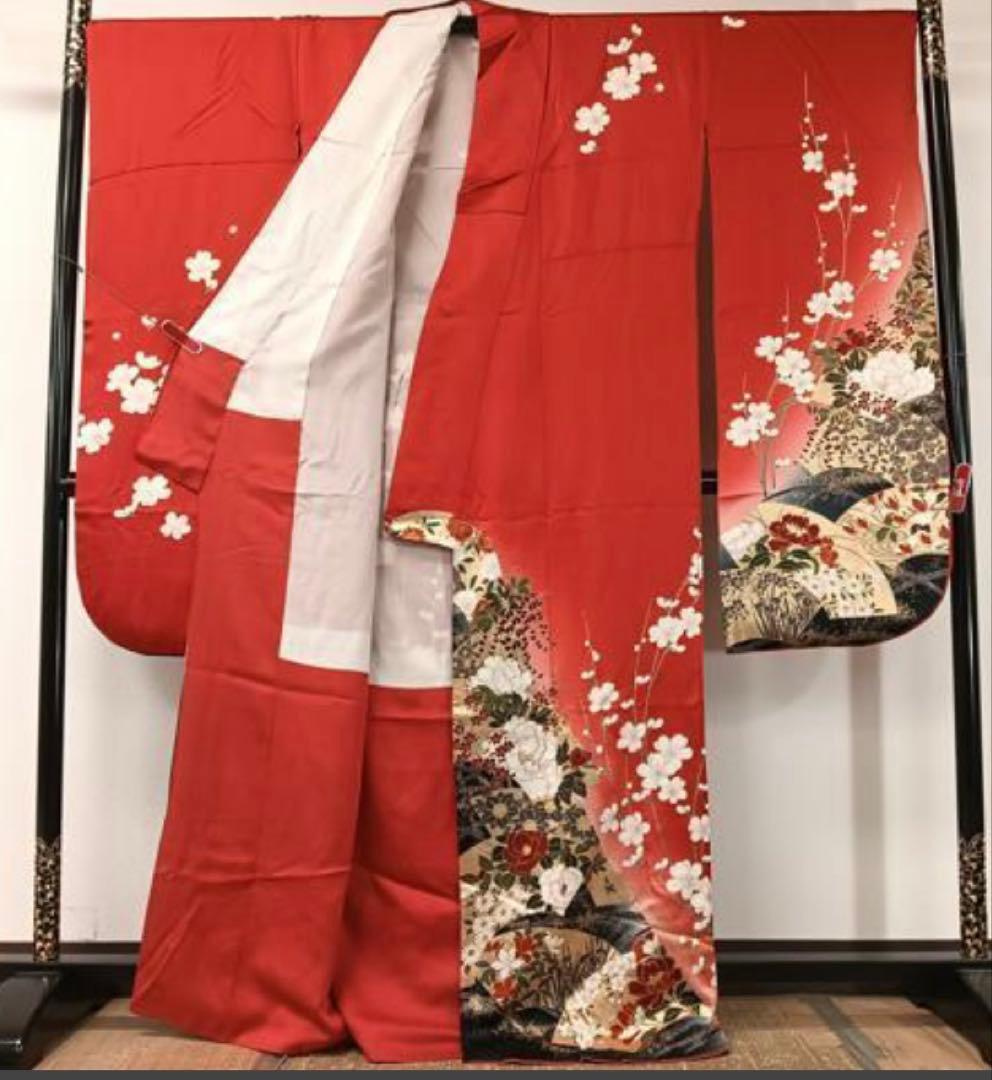 振袖フルセット6点サイズM〜Ｌ駒刺繍　流水地紙花文　暈し染め　金彩　正絹