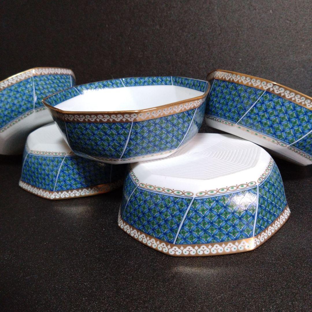 未使用 有田焼 龍峰窯 金彩七宝 捻り 八角中鉢5個　お祝い