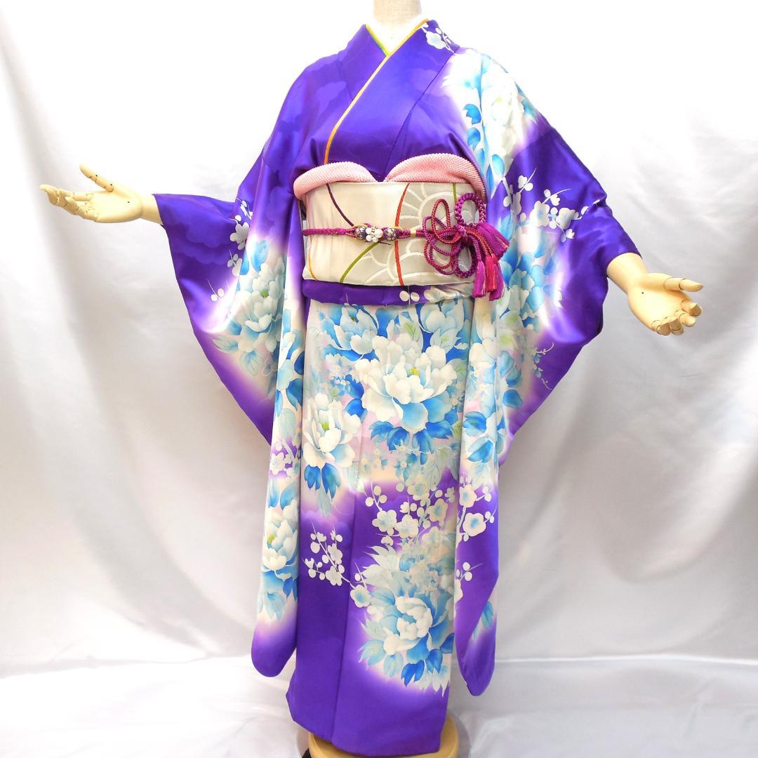 美品★振袖フルセット　正絹　振袖　７点　成人式　Sサイズ　パープル系　紫　花柄
