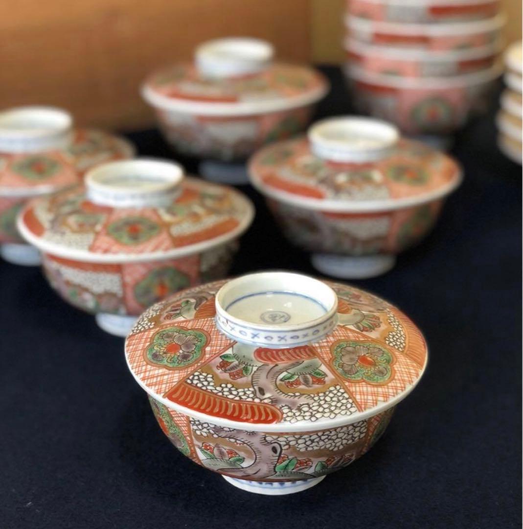《R》伊万里 赤絵 色絵 蓋碗10客 蓋茶碗 蓋物 木箱　260107か5