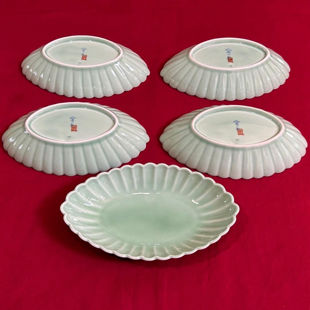 希少な形★未使用　深川製磁　百年庵　笹青磁　菊割　オーバル皿　美品