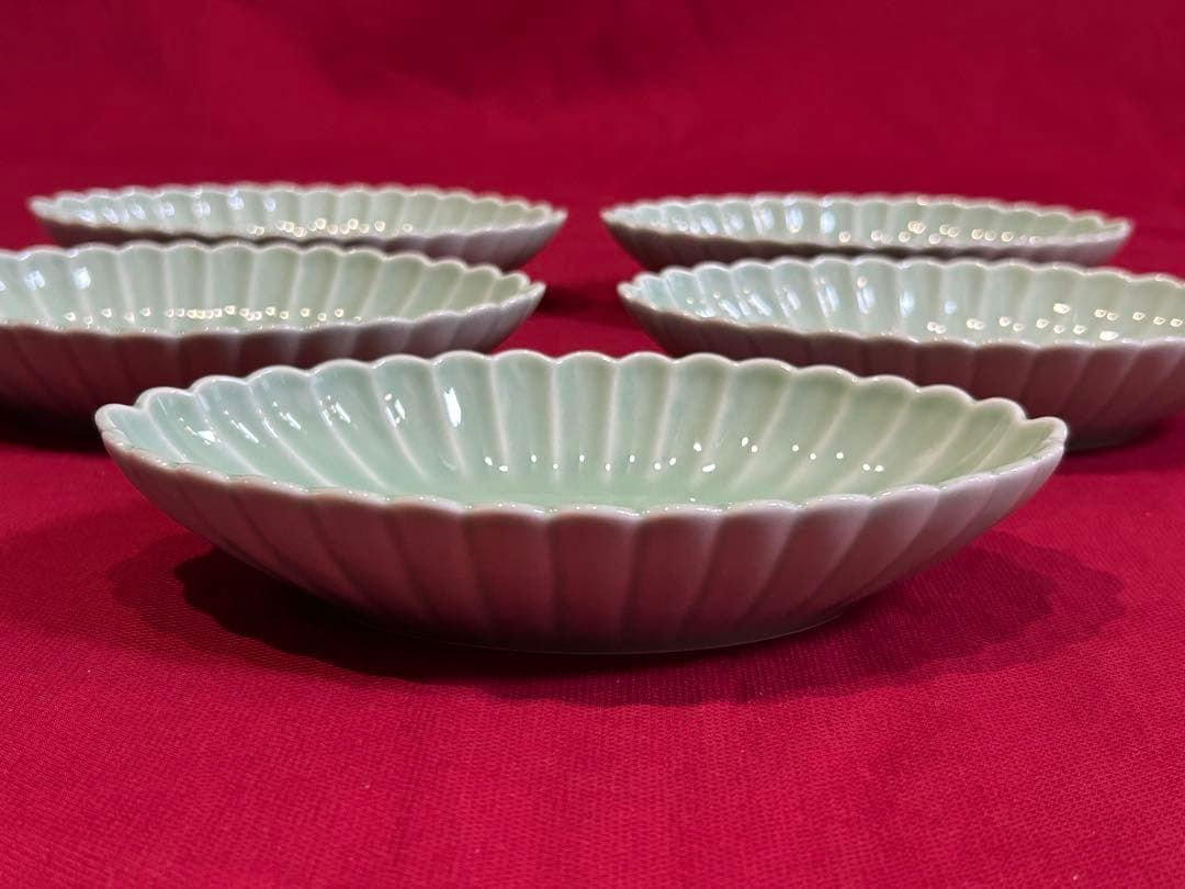 希少な形★未使用　深川製磁　百年庵　笹青磁　菊割　オーバル皿　美品