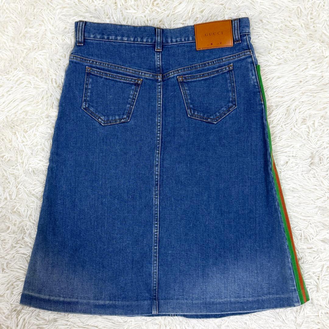 【極美品】グッチ デニムスカート シェリーライン ウェブストライプ レザーパッチ
