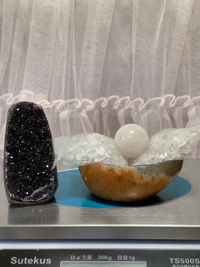 天然石浄化ウルグアイ産　濃紫アメジストクラスター 瑪瑙碗　さざれ　3点セット