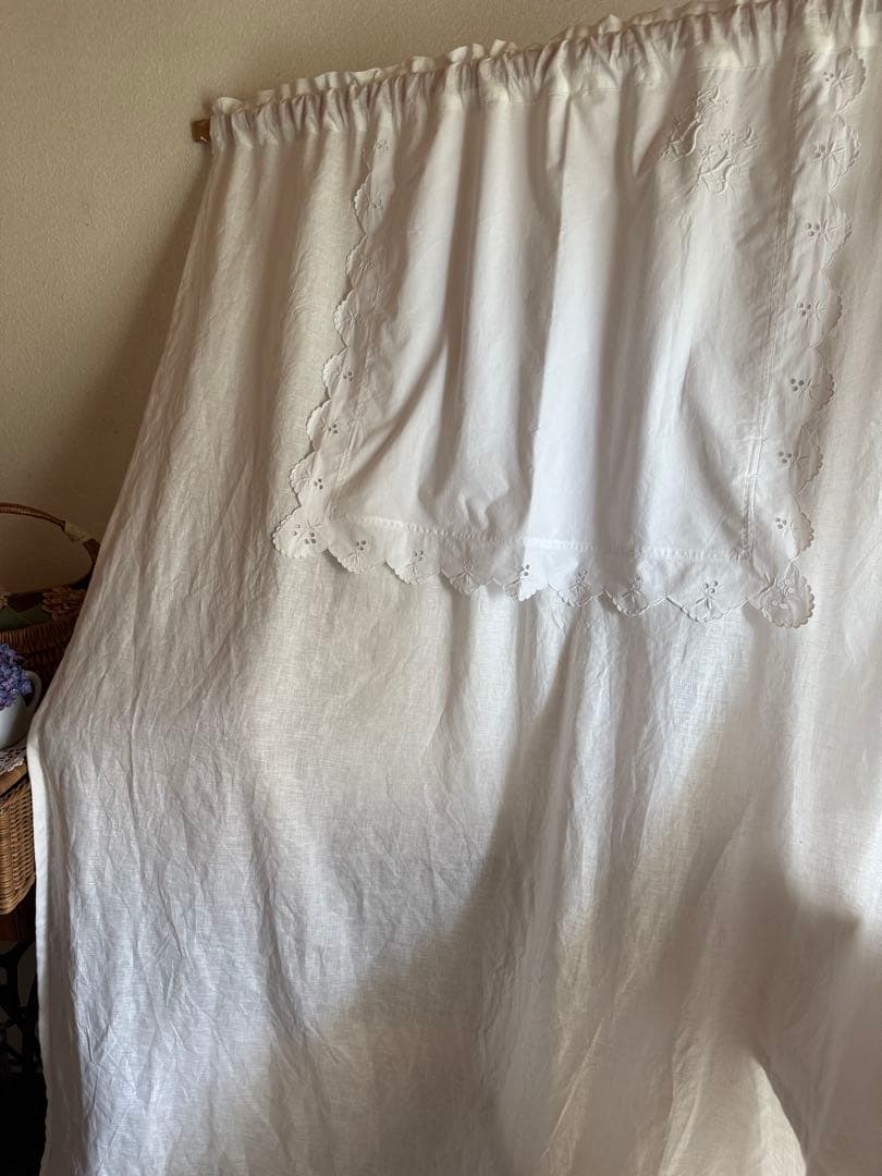 ナチュラルリネンカーテンஐ⋆*フランスアンティークモノグラム・ホワイト