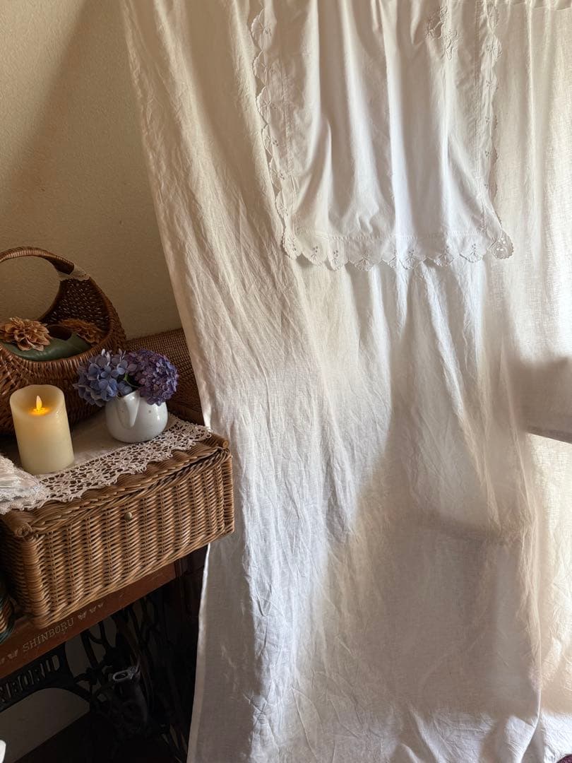 ナチュラルリネンカーテンஐ⋆*フランスアンティークモノグラム・ホワイト