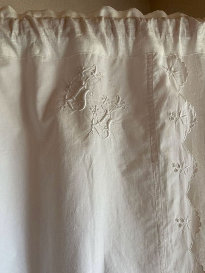 ナチュラルリネンカーテンஐ⋆*フランスアンティークモノグラム・ホワイト