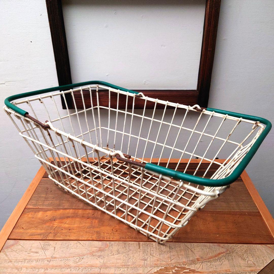 Made in USA ワイヤー　バスケット　緑　グリーン　白　古道具