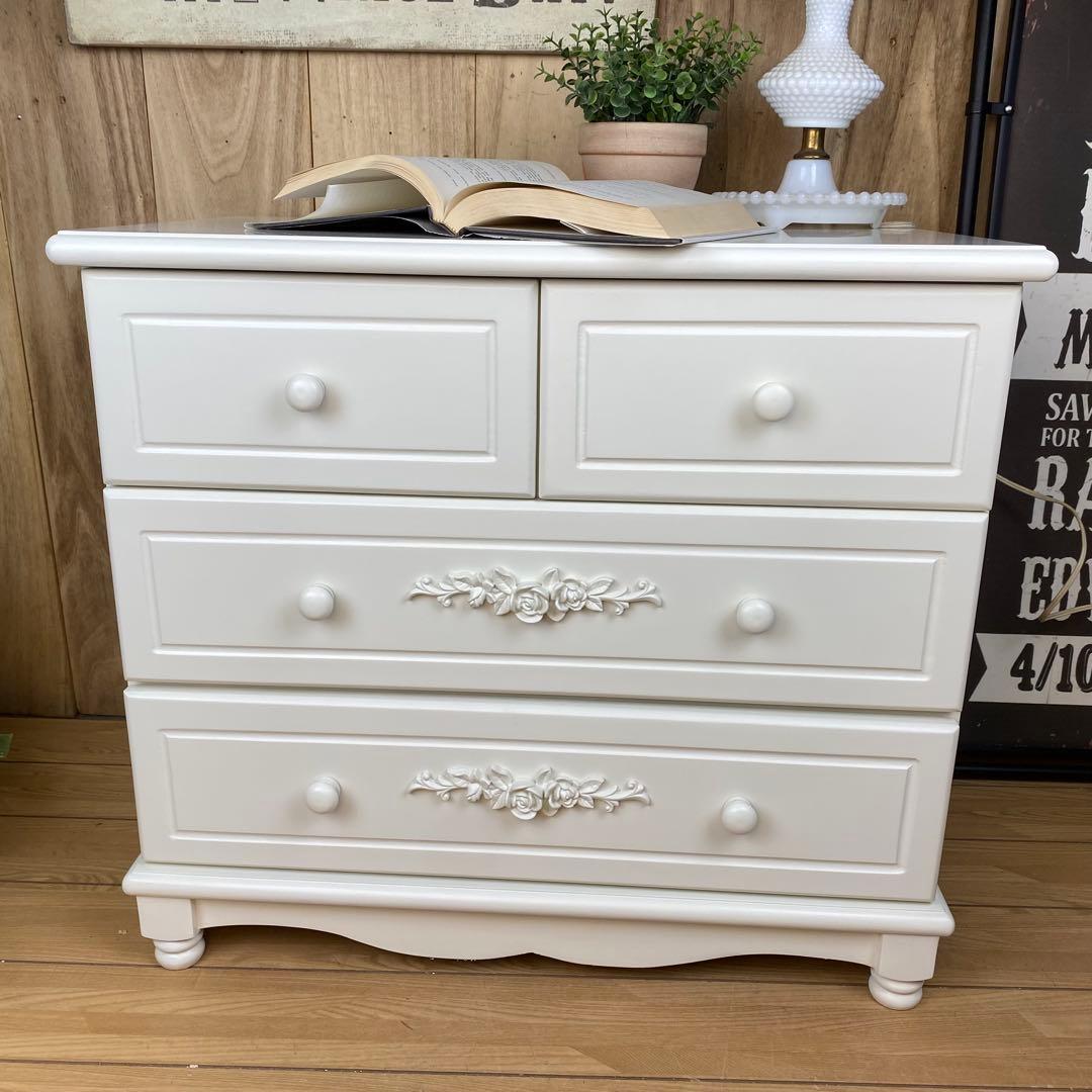 訳あり品！【137】フレンチ調ホワイトチェスト三段四つ引き木製収納家具姫系タンス