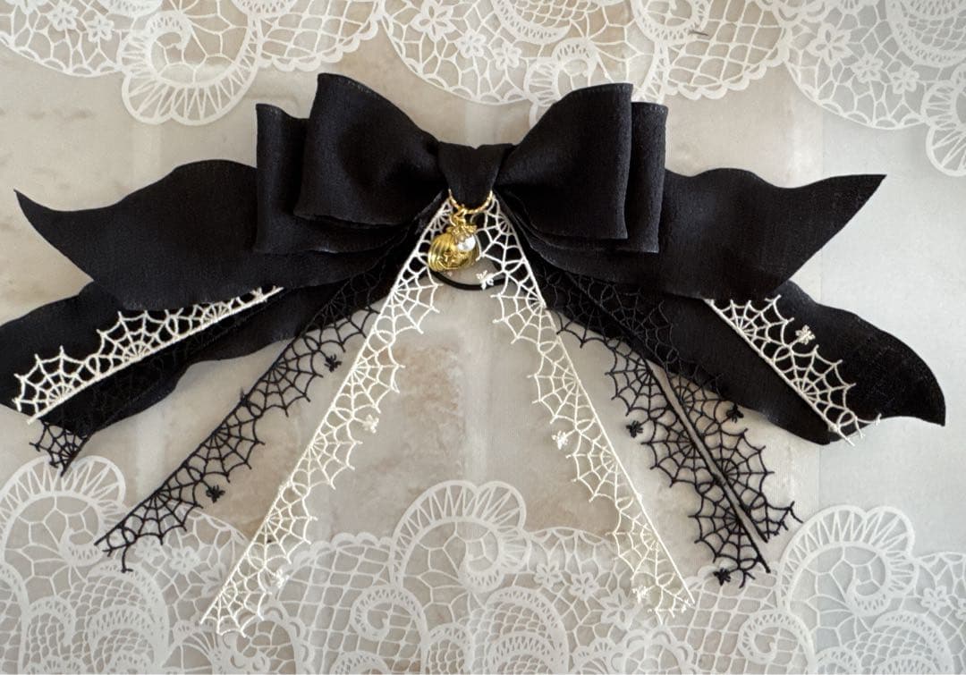 ハロウィンリボンヘアゴムNo.18☆ファブリック☆シフォンリボン☆ブラック