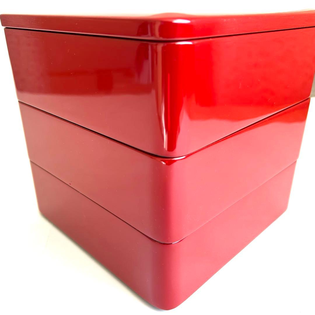 【美品】漆器 木製 漆塗り 重箱 三段重箱 三段重 お重 赤 日本製 モダン