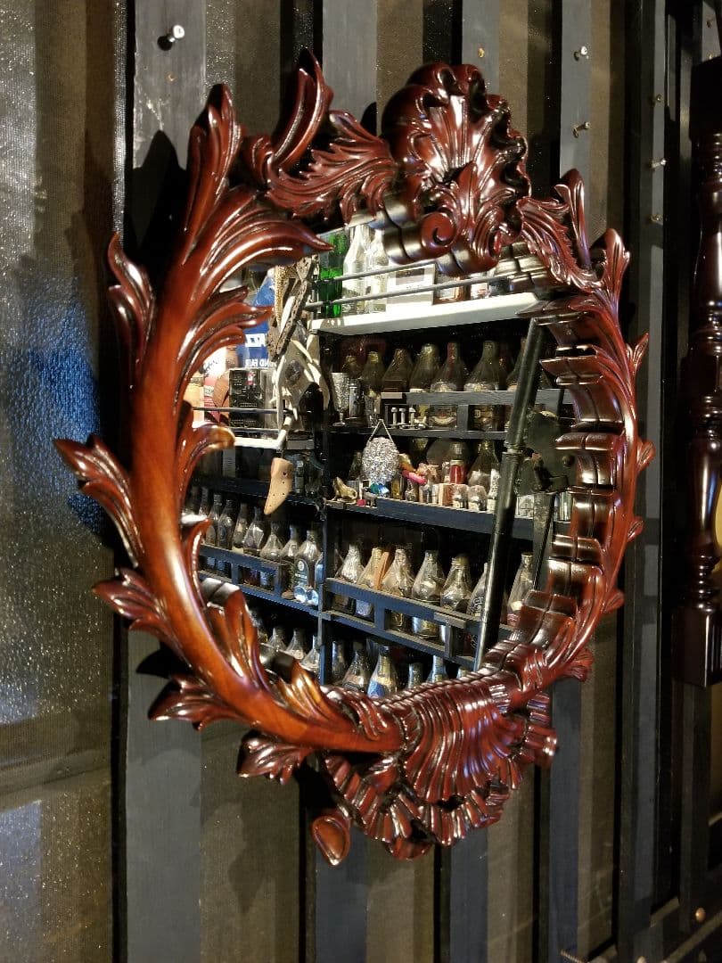 アンティーク　アメリカ製　トラッド　デザイン　リボン　シェル　ミラー　無垢　木製