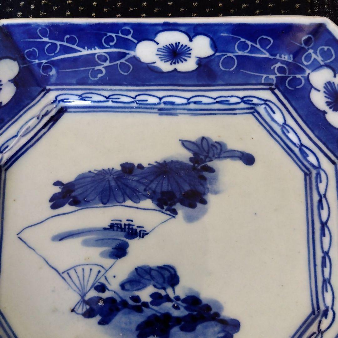 古伊万里　染付　扇面山水花文　隅切り角皿　２枚