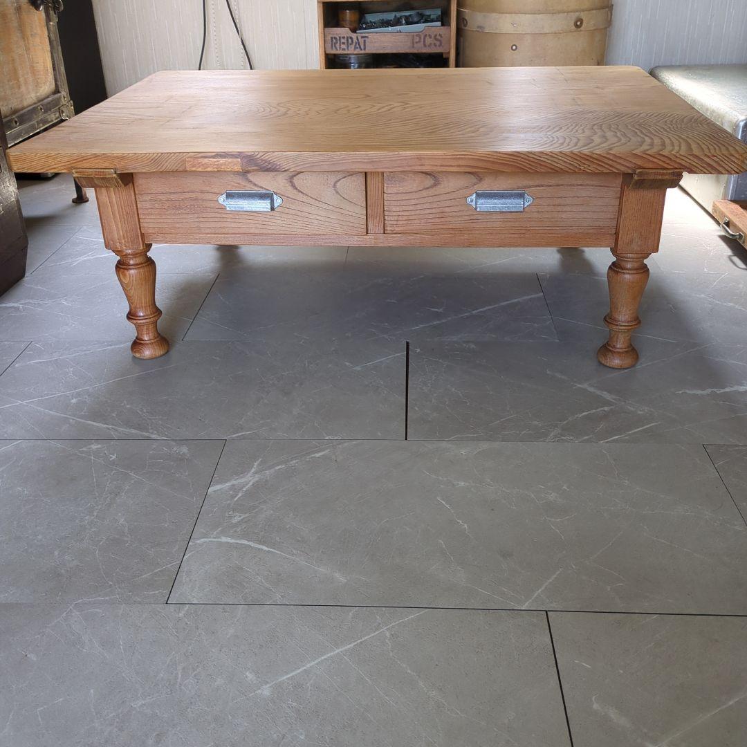 アンティークろくろ脚無垢材　パイン材ローテーブル大型　4杯引き出し対面式文机