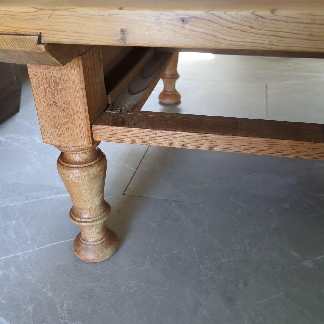 アンティークろくろ脚無垢材　パイン材ローテーブル大型　4杯引き出し対面式文机