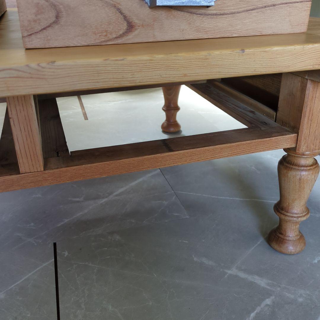 アンティークろくろ脚無垢材　パイン材ローテーブル大型　4杯引き出し対面式文机