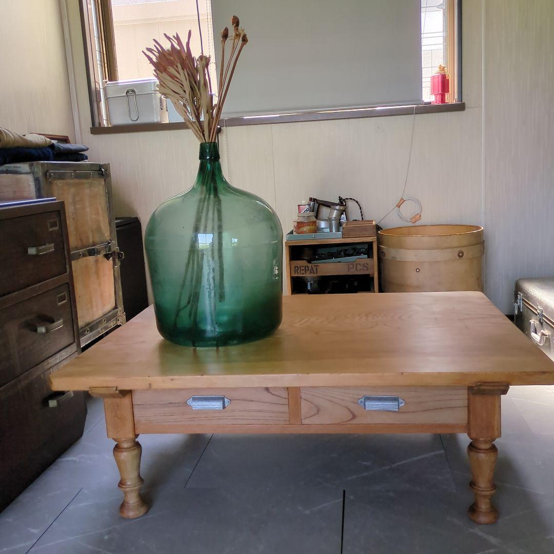 アンティークろくろ脚無垢材　パイン材ローテーブル大型　4杯引き出し対面式文机