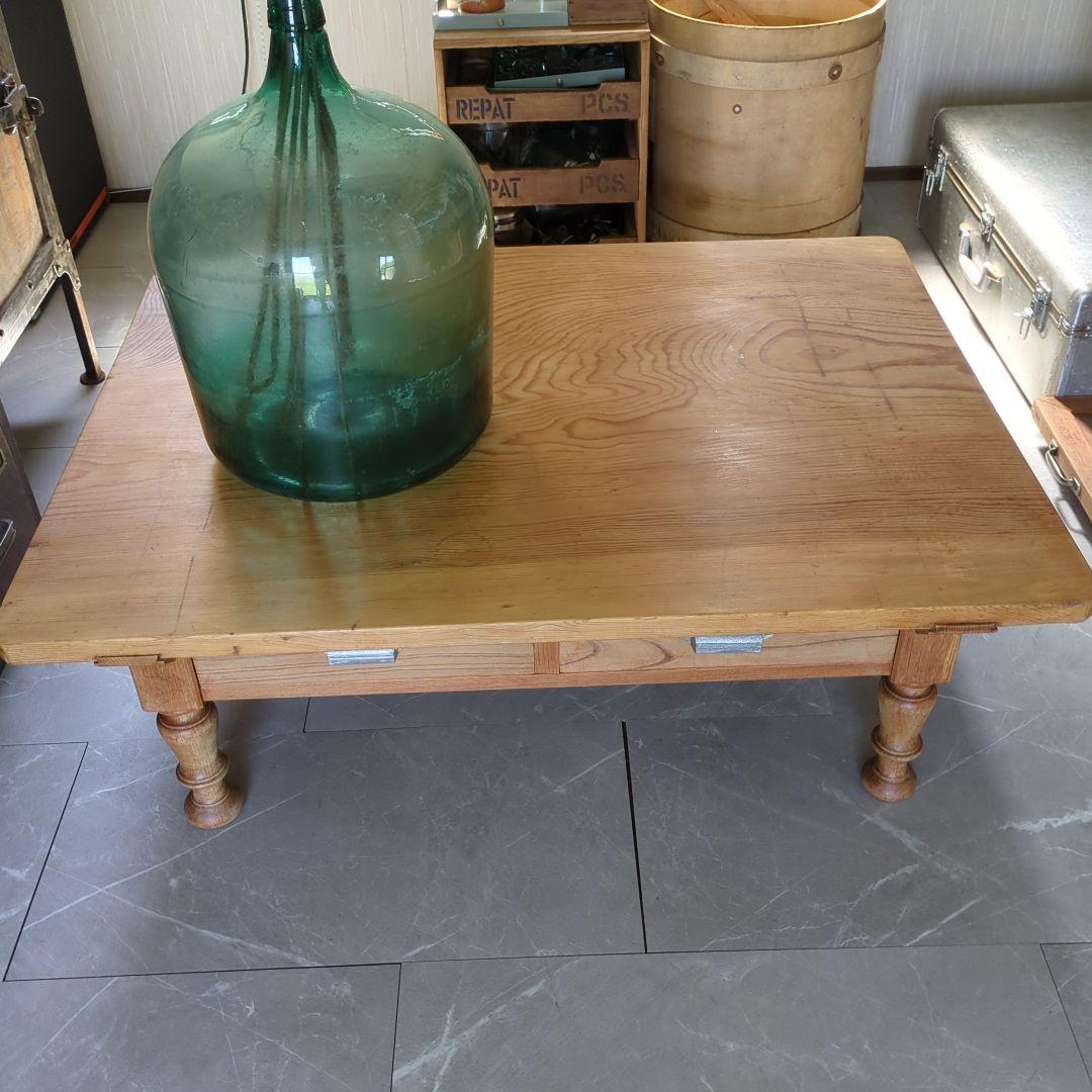 アンティークろくろ脚無垢材　パイン材ローテーブル大型　4杯引き出し対面式文机