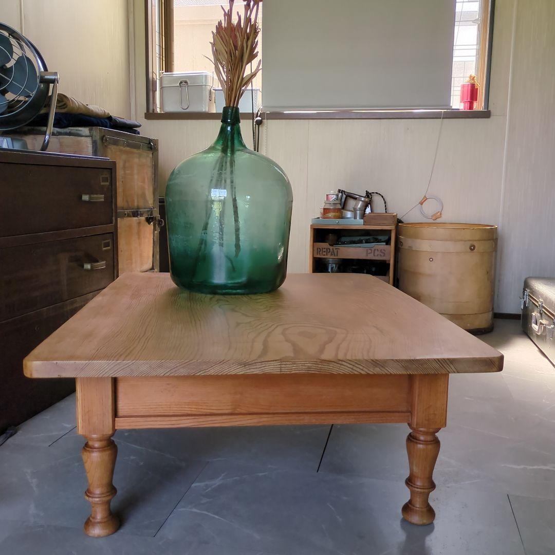 アンティークろくろ脚無垢材　パイン材ローテーブル大型　4杯引き出し対面式文机