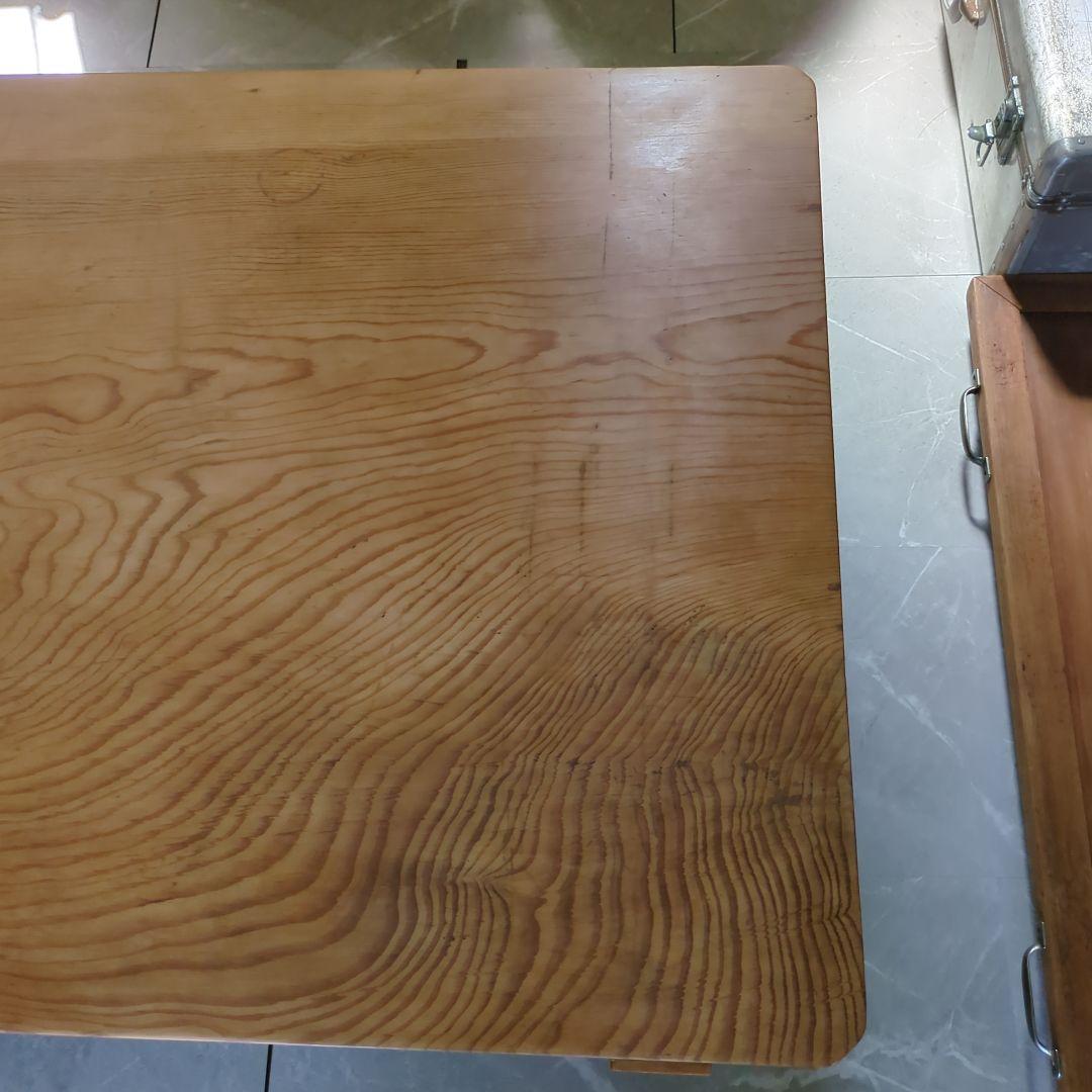 アンティークろくろ脚無垢材　パイン材ローテーブル大型　4杯引き出し対面式文机