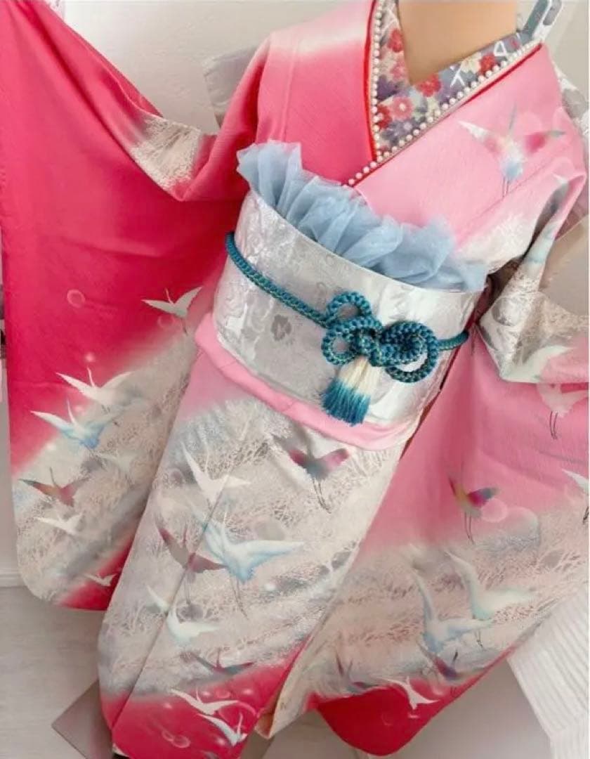 豪華振袖フルセット　ユニコーン　ピンクとシルバー 鶴　成人式に