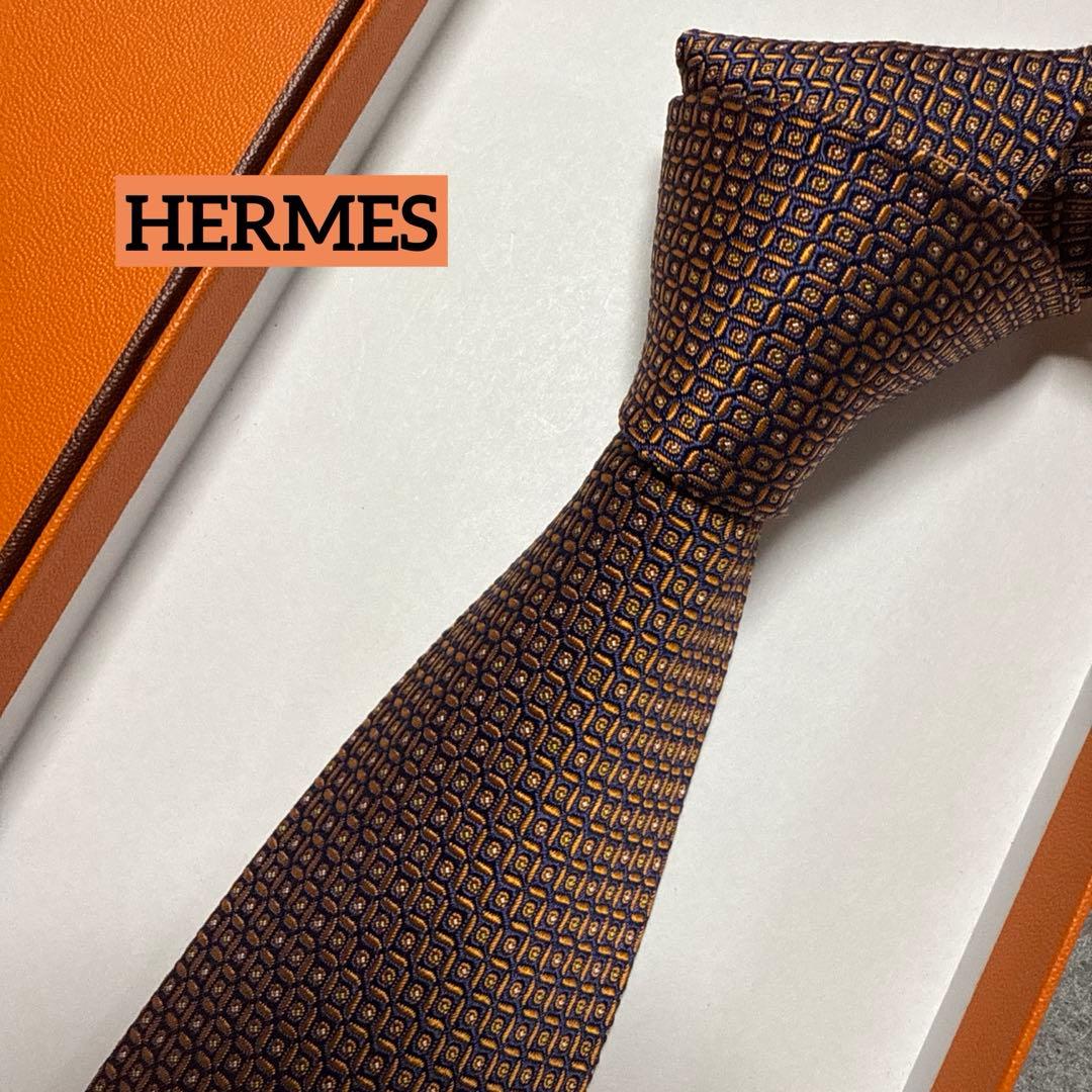 美品　エルメス　ネクタイ　紺・オレンジ　ドット　シルクジャガード