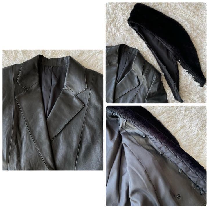 羊革 レザーコート　チェスターコート　襟フェイクファー ひざ丈 日本製　ブラック