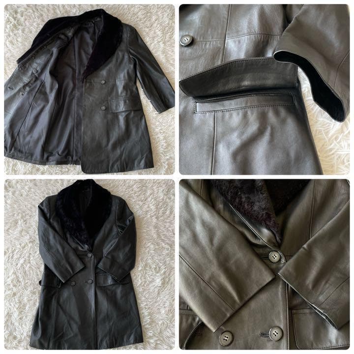 羊革 レザーコート　チェスターコート　襟フェイクファー ひざ丈 日本製　ブラック