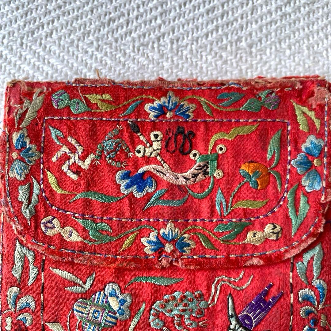 アンティーク シルクロード チャイナ チベット 赤シルク古刺繍 3口袋 時代物