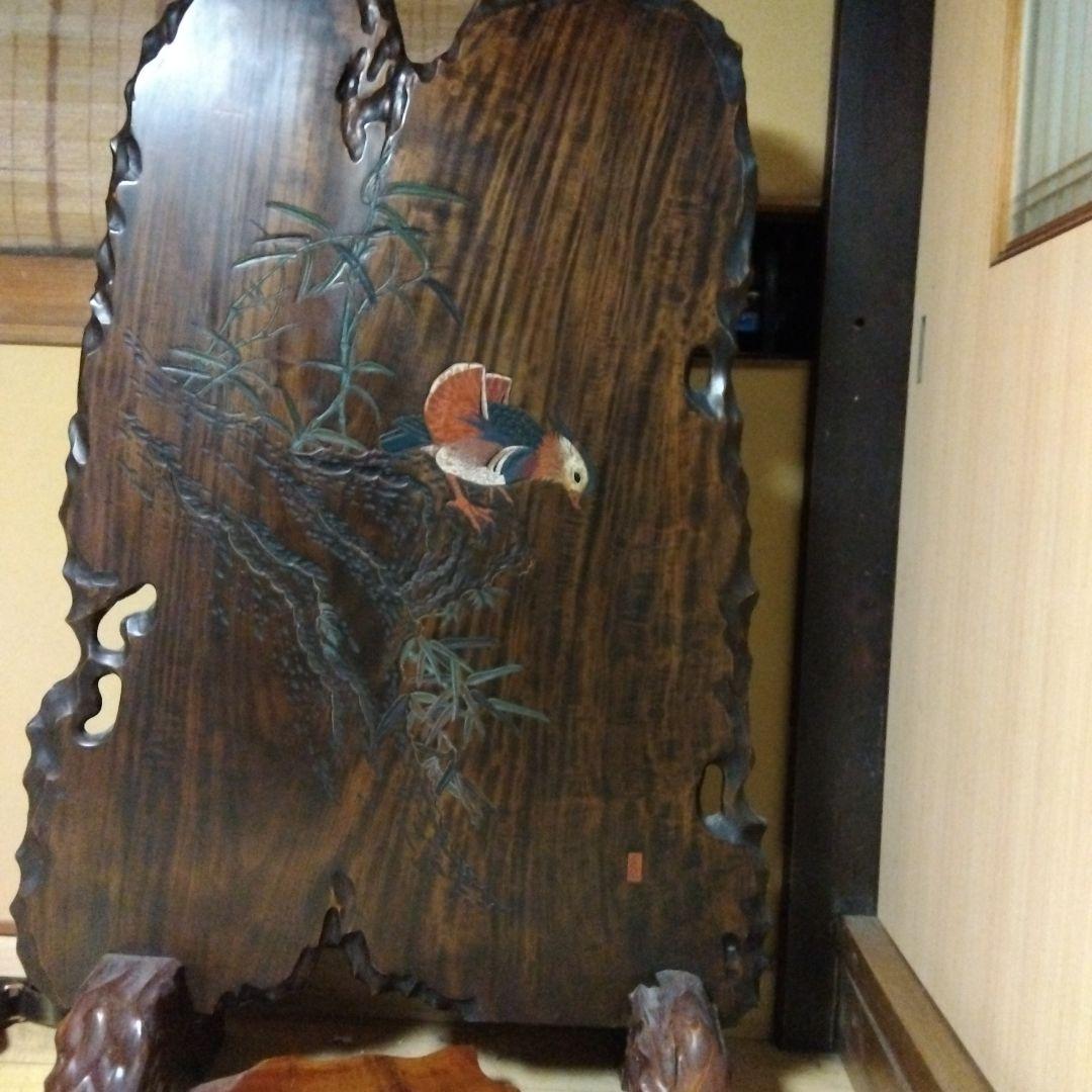 木製 鳥と植物の彫刻 置物