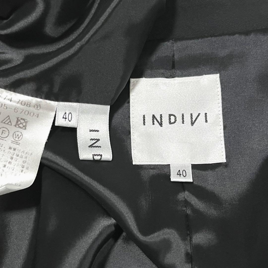 美品 インディヴィ パンツスーツ セットアップ ノーカラー 洗える 黒 L