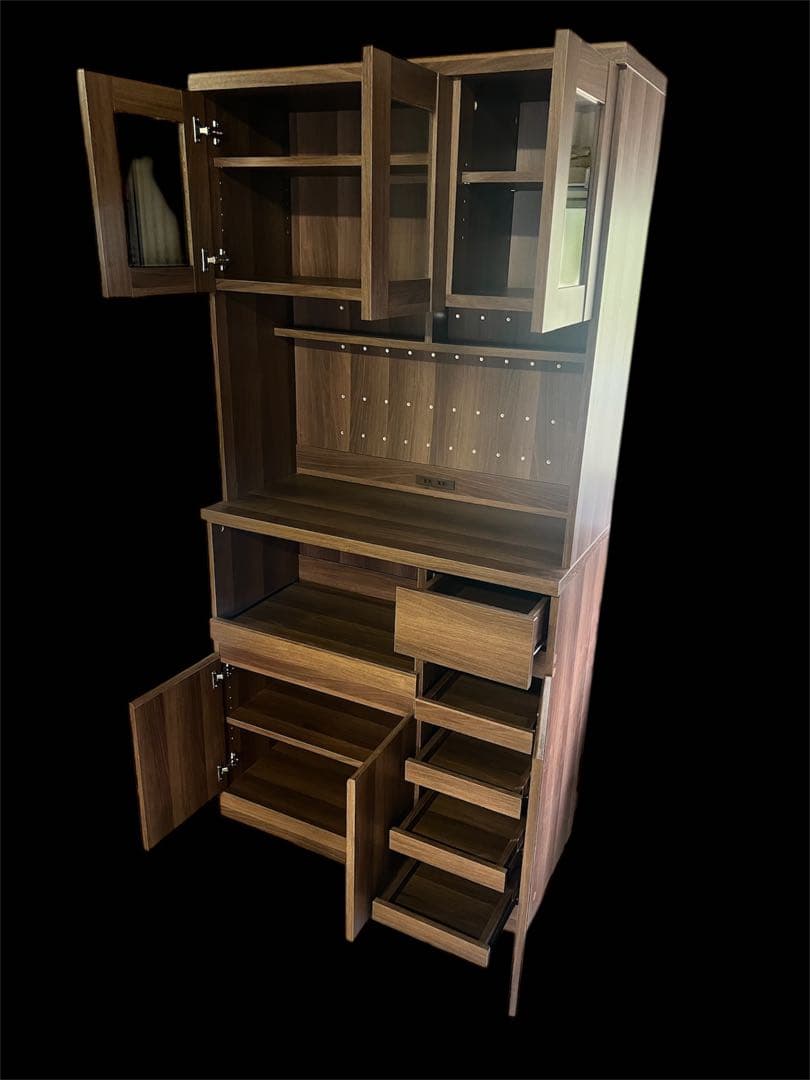 ウッド調 食器棚 ガラス扉付き