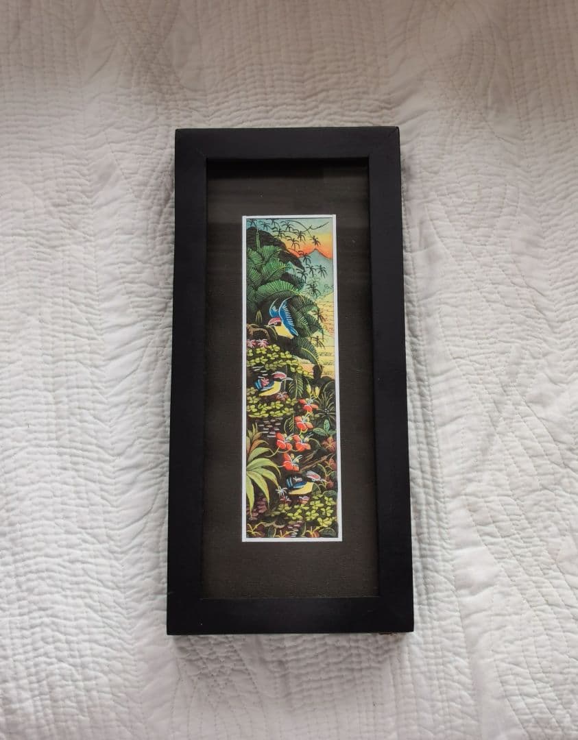 インドネシアバリ島アート 田園と亜熱帯の鳥と花 細密手描き風景画 マスターピース