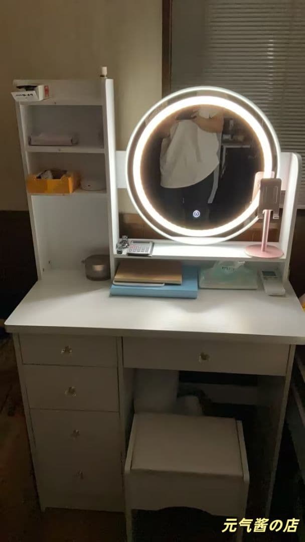 ホワイトモダンドレッシングテーブル＆バニテミラー付きスツール 大容量収納 組立式