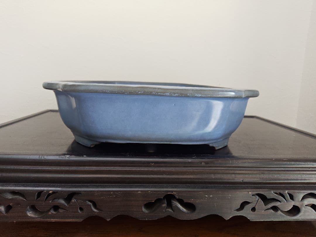 陶器製四角形　盆栽鉢 青 中型　落款　清峰