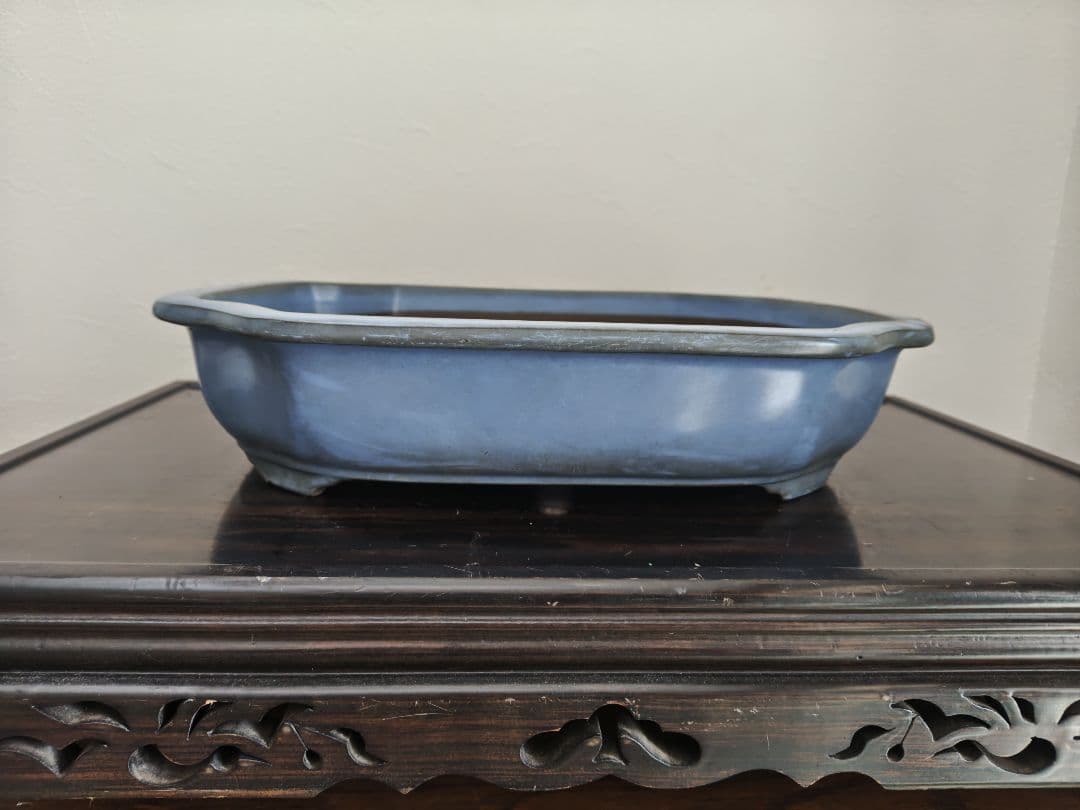 陶器製四角形　盆栽鉢 青 中型　落款　清峰