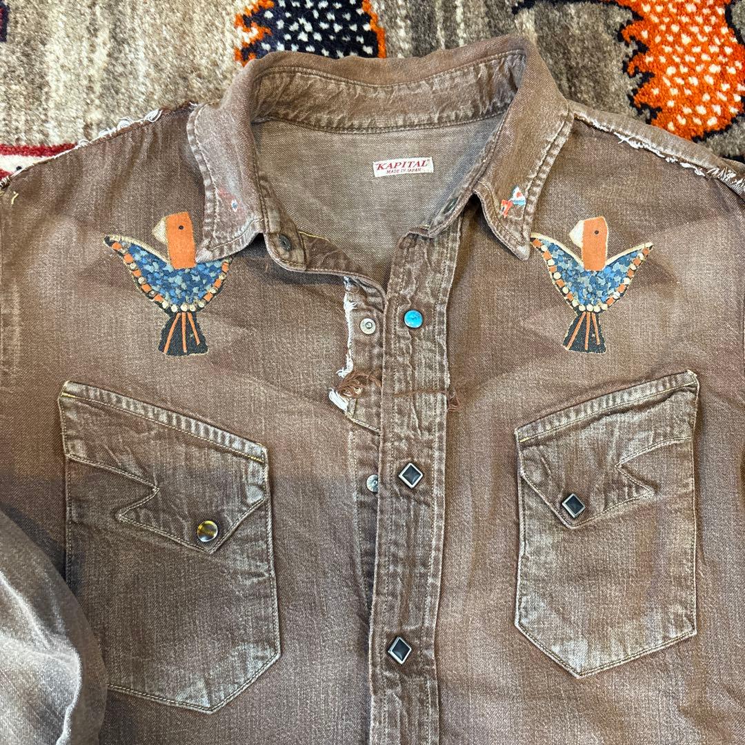 キャピタル　KAPITAL ブラウン 鳥刺繍 長袖シャツ