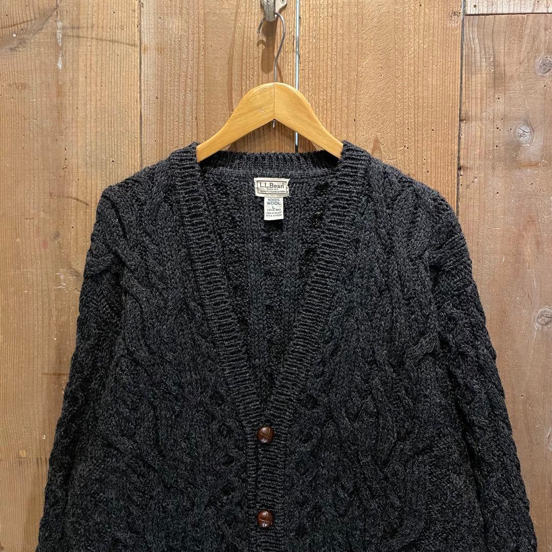 【L】 アイルランド製 L.L.Bean アラン ニット ウール カーディガン
