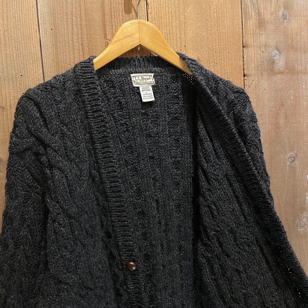 【L】 アイルランド製 L.L.Bean アラン ニット ウール カーディガン
