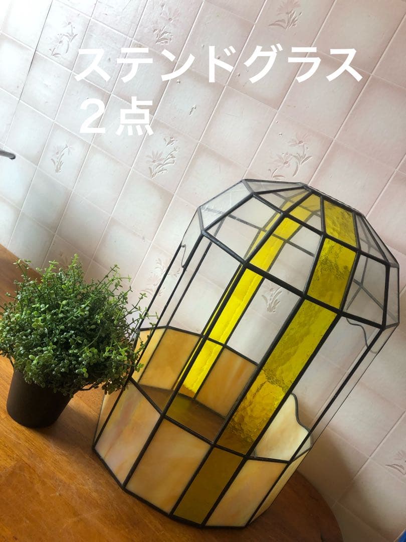 H ステンドグラス　ドーム型　鳥籠風　バードケース　アンティーク調　ガラスケース