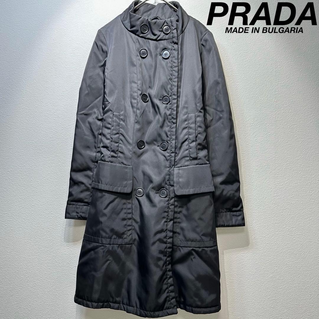 希少 PRADA 上質 Aライン ダブルブレスト モックネック ナイロン コート