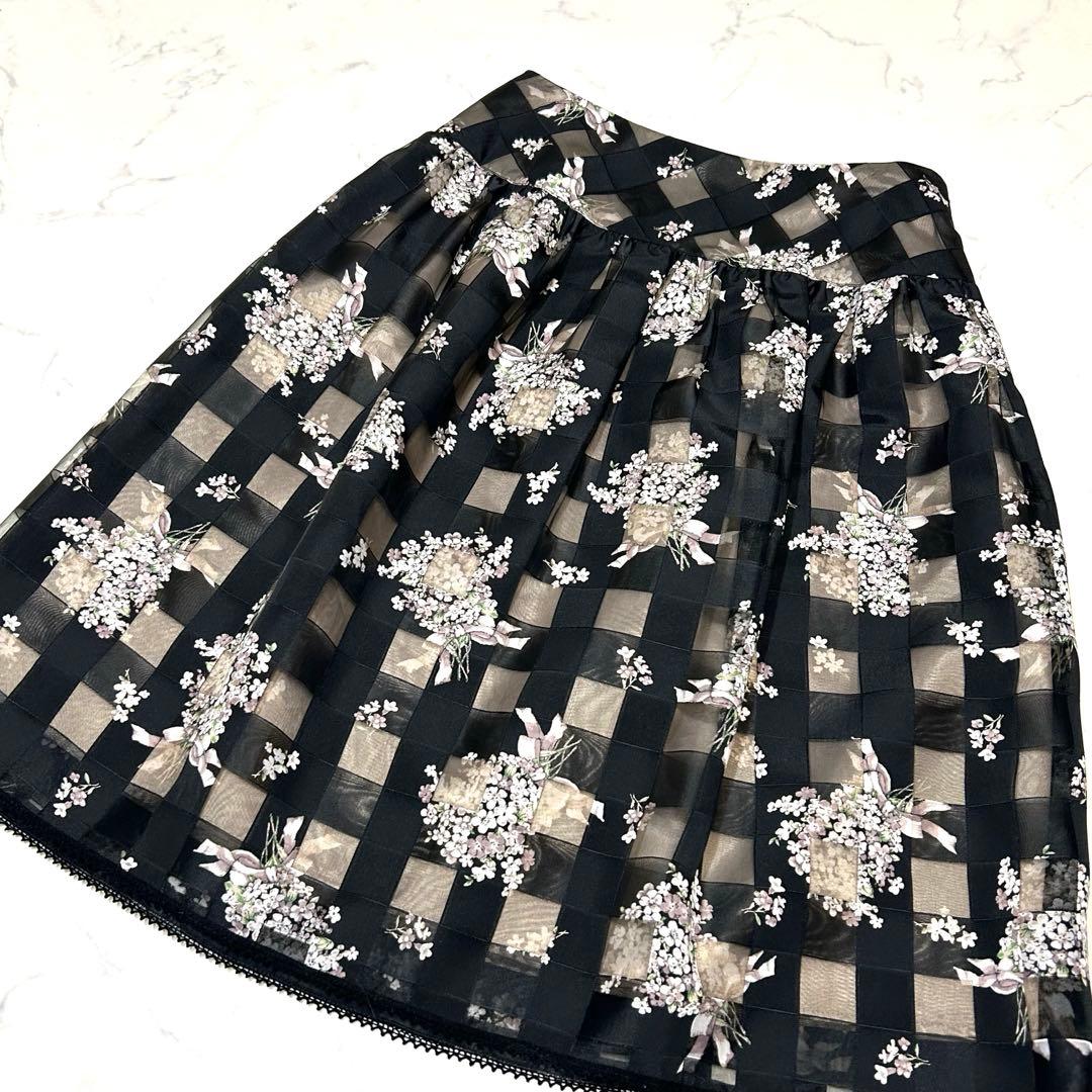近年　エムズグレイシー　ブロックチェック　花柄 フレアスカート　オーガンジー　M