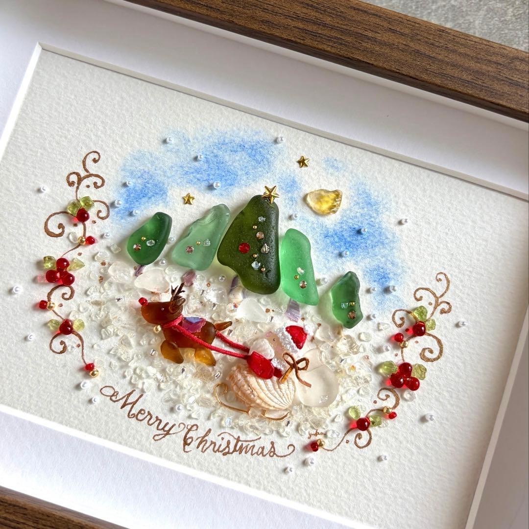 サンタとトナカイ　シーグラスアート／天然石／フレーム／クリスマス／サンタ