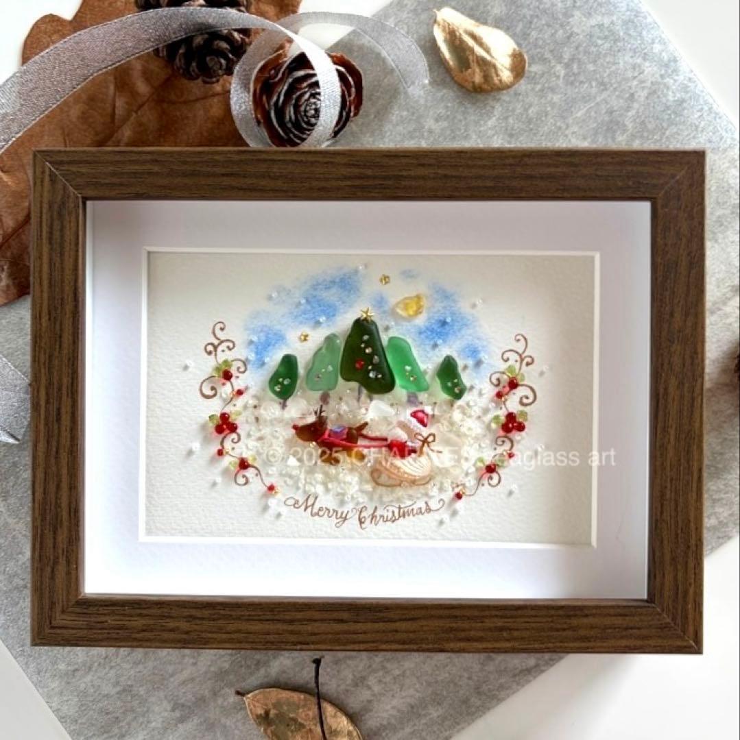 サンタとトナカイ　シーグラスアート／天然石／フレーム／クリスマス／サンタ