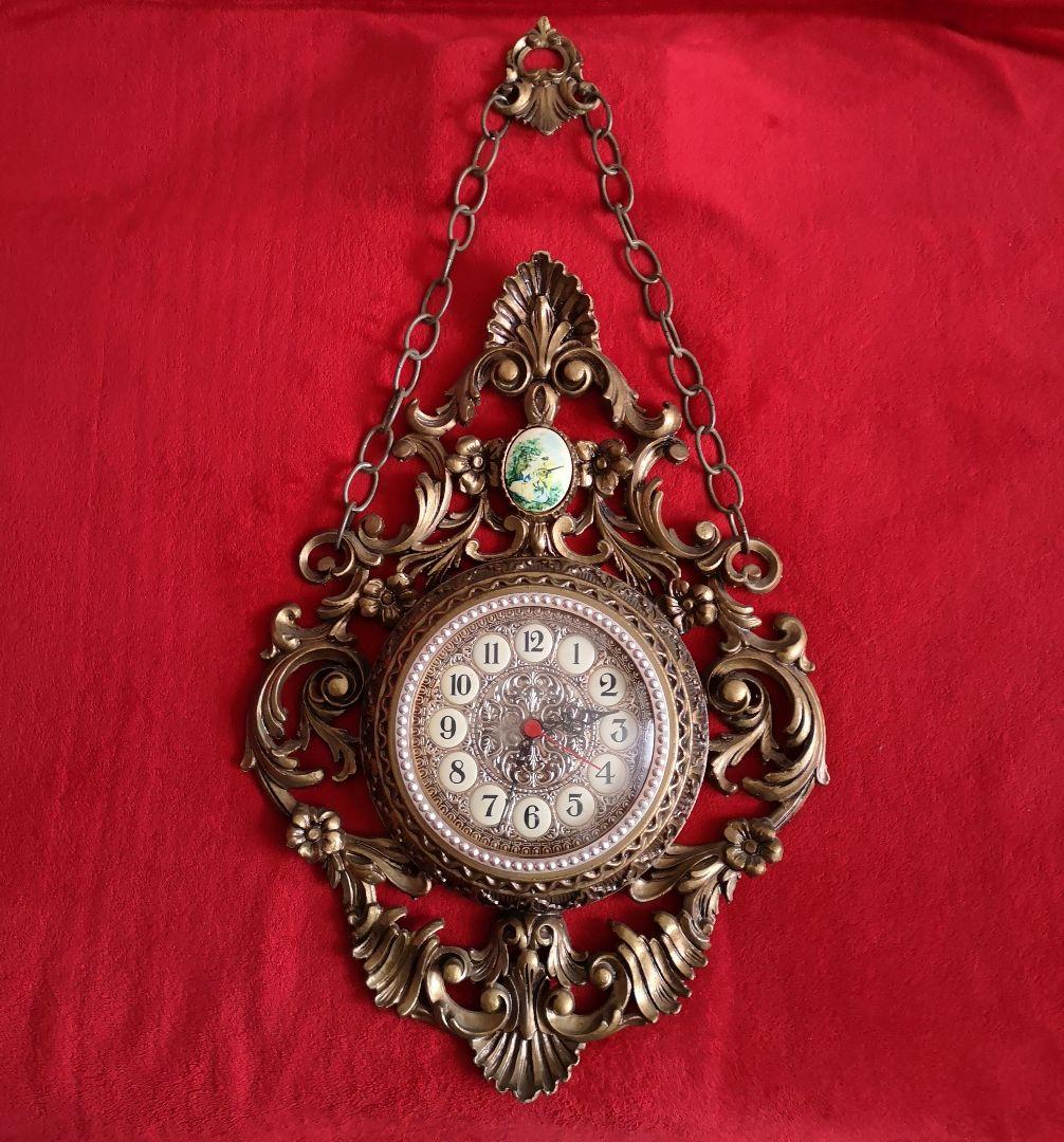 イタリア ビンテージ 掛け時計 木彫り アールデコ ゴールドカラー 稼働品