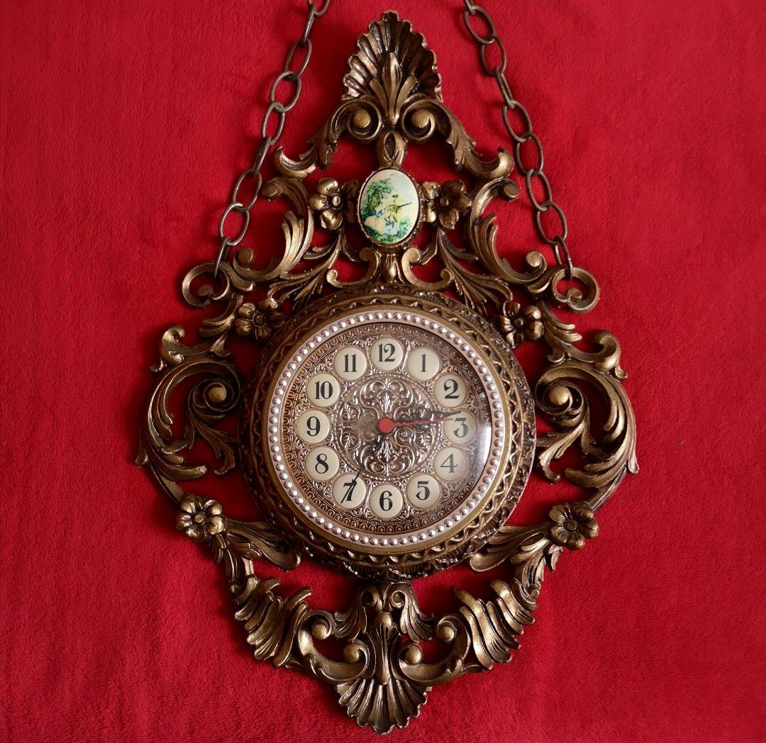 イタリア ビンテージ 掛け時計 木彫り アールデコ ゴールドカラー 稼働品