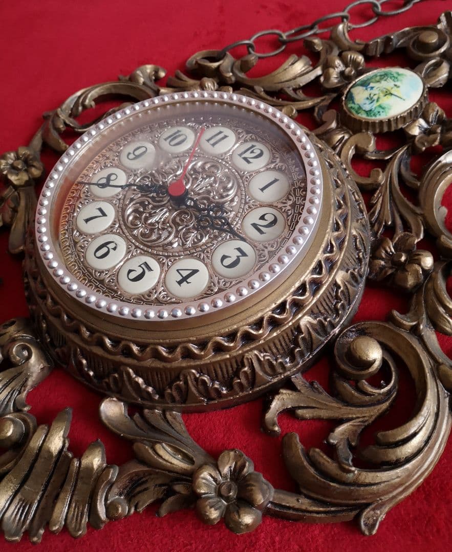 イタリア ビンテージ 掛け時計 木彫り アールデコ ゴールドカラー 稼働品